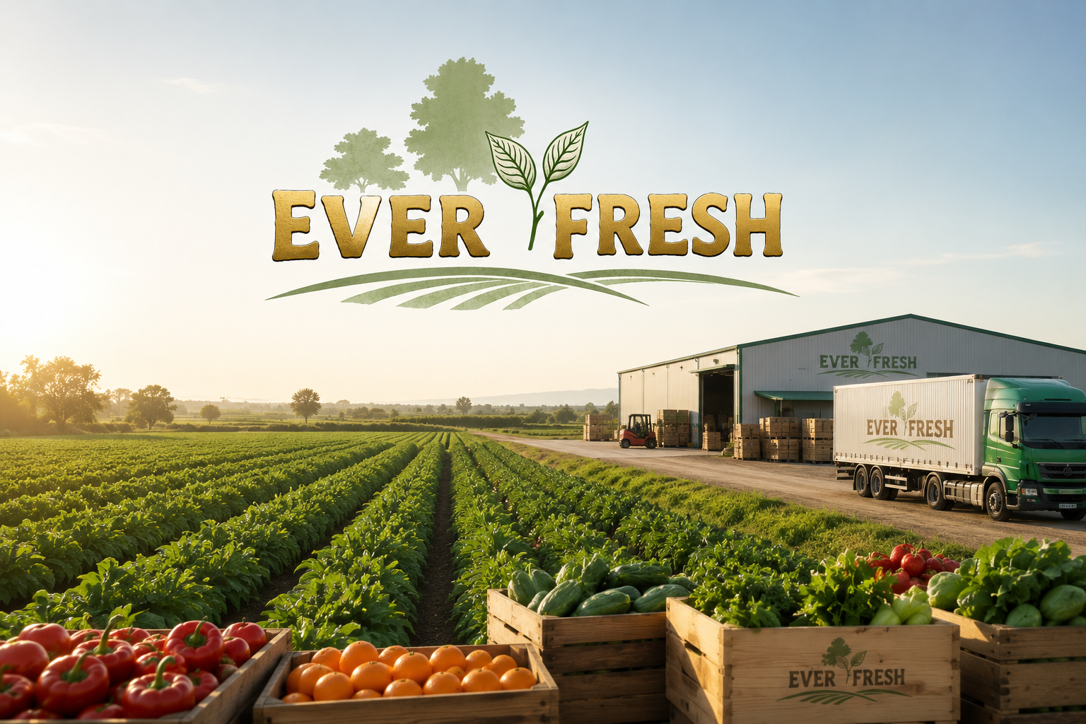 Ever Fresh farm fields, packing warehouse and export truck at sunrise